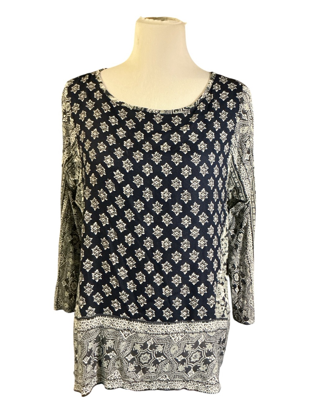 Lucky Brand Navy + White Printed Long Sleeve Tunic